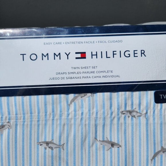 NEW TOMMY HILFIGER Sheets Sheet Set Shark Striped TWIN Size Blue White Pillowcas - Picture 9 of 12